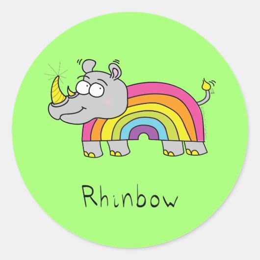 Funny Rhino Rainbow Cute Kinder Cartoon Ronde Sticker (Voorkant)