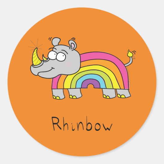 Funny Rhino Rainbow Cute Kinder Cartoon Ronde Sticker (Voorkant)