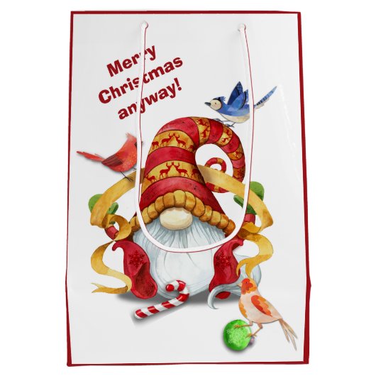 Funny Ribbon Gnome met Birds Kerstmis Medium Cadeauzakje (Achterkant)