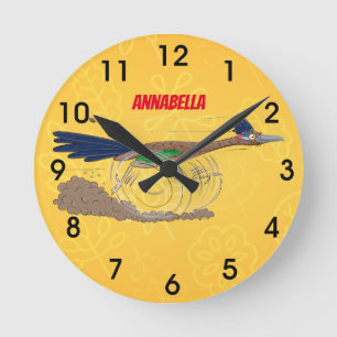 Funny roadrunner bird cartoon illustratie ronde klok