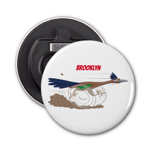 Funny roadrunner bird cartoon illustration button flesopener (Voorkant)