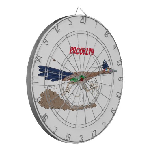 Funny roadrunner bird cartoon illustration dartbord (Voorkant Links)