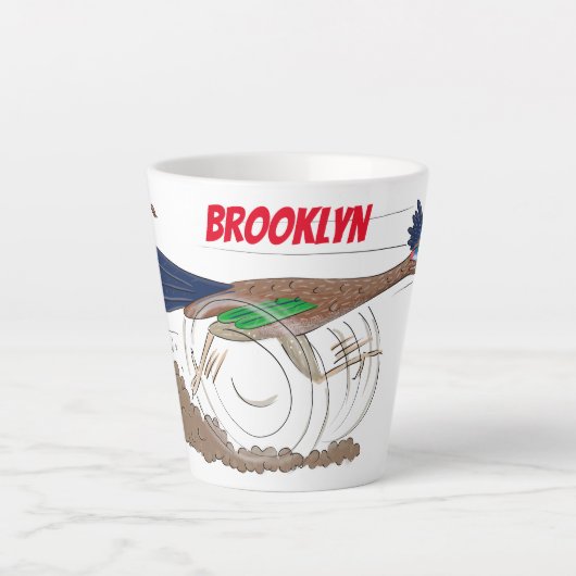 Funny roadrunner bird cartoon illustration latte mok (Voorkant)