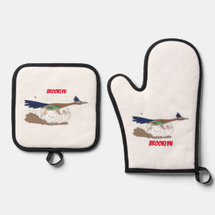 Funny roadrunner bird cartoon illustration ovenwant & pannenlap set