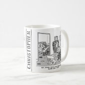 Funny Robot Cartoon. Echtgenote zit in bed met een Koffiemok (Voorkant rechts)