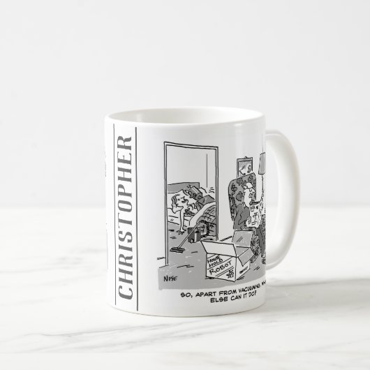 Funny Robot Cartoon. Echtgenote zit in bed met een Koffiemok (Voorkant rechts)