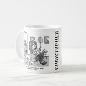 Funny Robot Cartoon. Echtgenote zit in bed met een Koffiemok (Voorkant links)