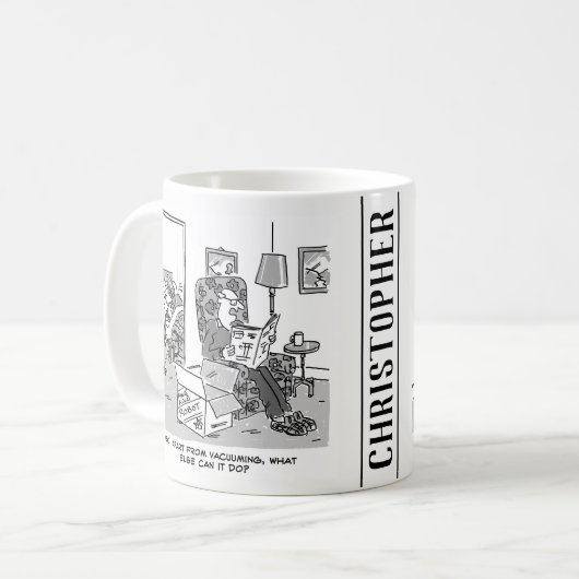 Funny Robot Cartoon. Echtgenote zit in bed met een Koffiemok (Voorkant links)