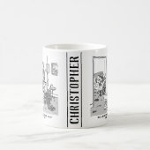 Funny Robot Cartoon. Echtgenote zit in bed met een Koffiemok (Center)