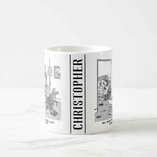 Funny Robot Cartoon. Echtgenote zit in bed met een Koffiemok (Center)