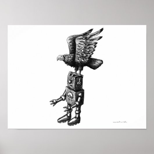 Funny robot met poster voor het tekenen van een ad (Voorkant)