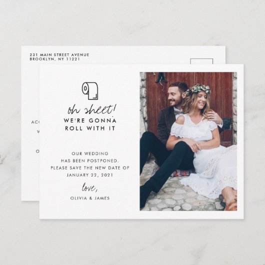 Funny Roll met it Photo Wedding Postponement Aankondigingskaart (Voorkant / Achterkant)