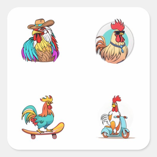 Funny Rooster Cartoon Karakter 4 Pack Stickers (Voorkant)