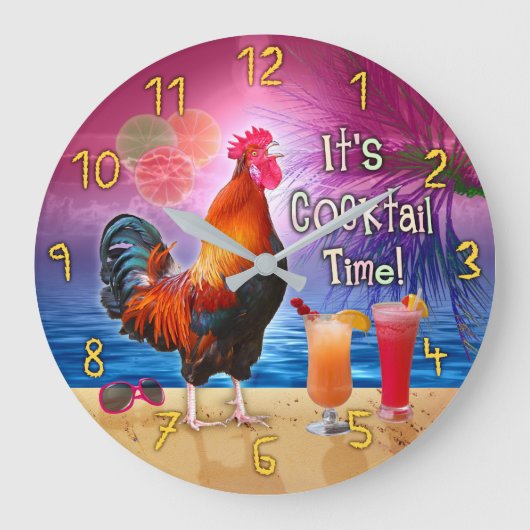 Funny Rooster Chicken Cocktail Time Tropisch Beach Grote Klok (Voorkant)