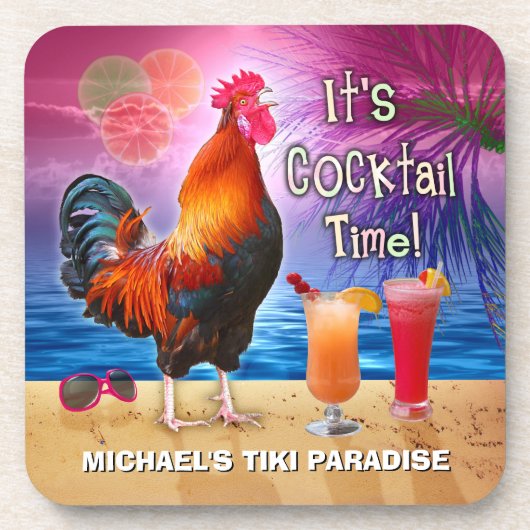 Funny Rooster Chicken Cocktail Tropical Beach Name Onderzetter (Voorkant)