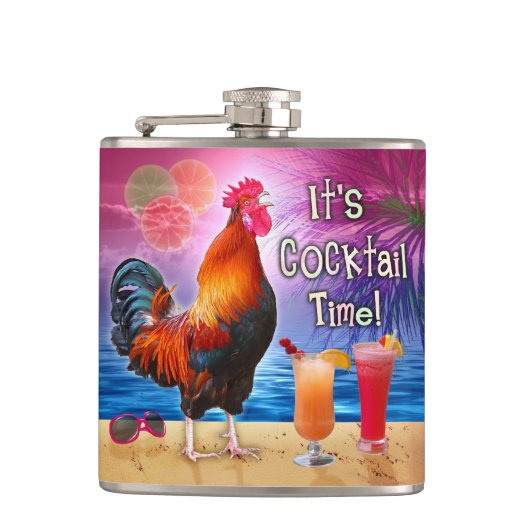 Funny Rooster Chicken Cocktails Tropical Beach Zee Heupfles (Voorkant)