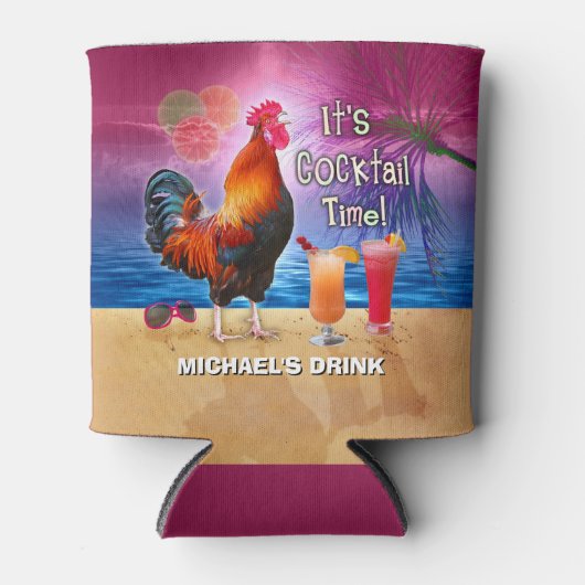 Funny Rooster Chicken Drink Tropical Beach Naam Blikjeskoeler (Voorkant)