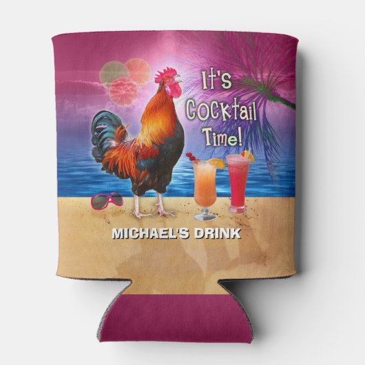 Funny Rooster Chicken Drink Tropical Beach Naam Blikjeskoeler (Achterkant)