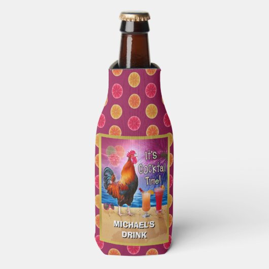 Funny Rooster Chicken Drink Tropical Beach Naam Flesjeskoeler (Fles Voorkant)