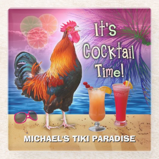 Funny Rooster Chicken Drink Tropical Beach Naam Glazen Onderzetter (Voorkant)
