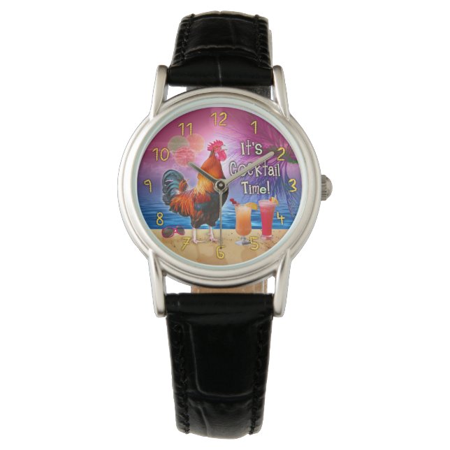 Funny Rooster Chicken Drink tropisch strand Zee Horloge (Voorkant)
