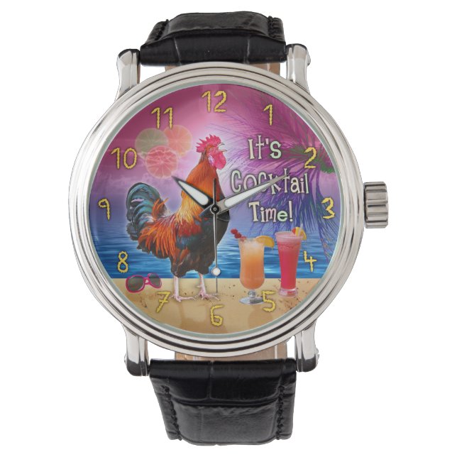 Funny Rooster Chicken Drink tropisch strand Zee Horloge (Voorkant)
