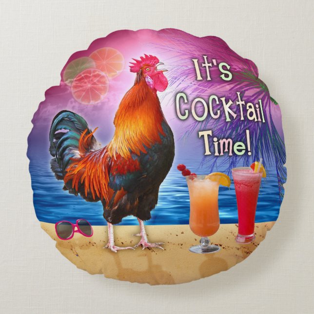 Funny Rooster Chicken Drink tropisch strand Zee Rond Kussen (Voorkant)