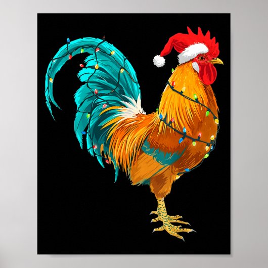 Funny Rooster Chicken Santa Christmas Lights Farme Poster (Voorkant)