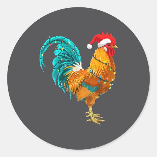 Funny Rooster Chicken Santa Christmas Lights Farme Ronde Sticker (Voorkant)