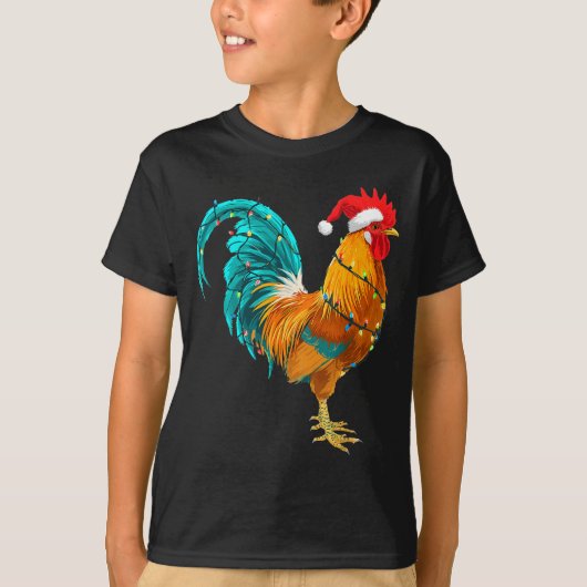 Funny Rooster Chicken Santa Christmas Lights Farme T-shirt (Voorkant)