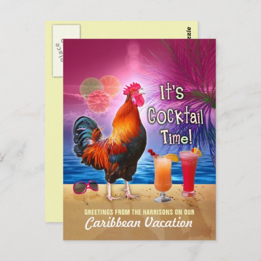 Funny Rooster Cocktails Tropisch strand Vacking Briefkaart (Voorkant / Achterkant)