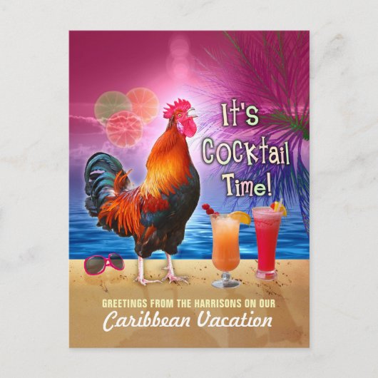 Funny Rooster Cocktails Tropisch strand Vacking Briefkaart (Voorkant)