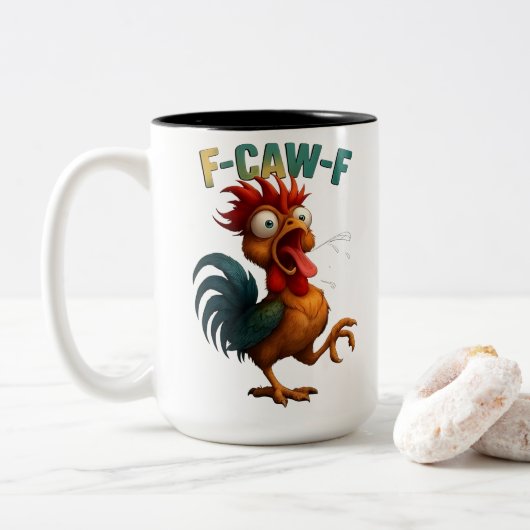 Funny Rooster Gift – F-Caw-F Chicken Design Tweekleurige Koffiemok (Met donut)