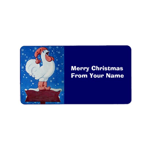 Funny Rooster In Santa Hat in Snow Gift Label labe (Voorkant)