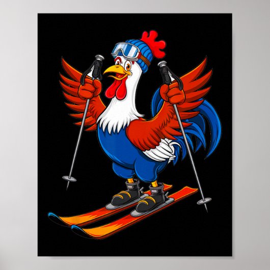 Funny Rooster Skiing Adventure Cartoon Poster (Voorkant)