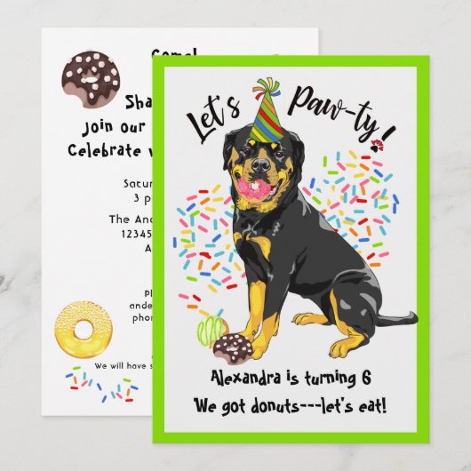 Funny Rottweiler Dog Donuts Birthday Party Kaart (Voorkant / Achterkant)