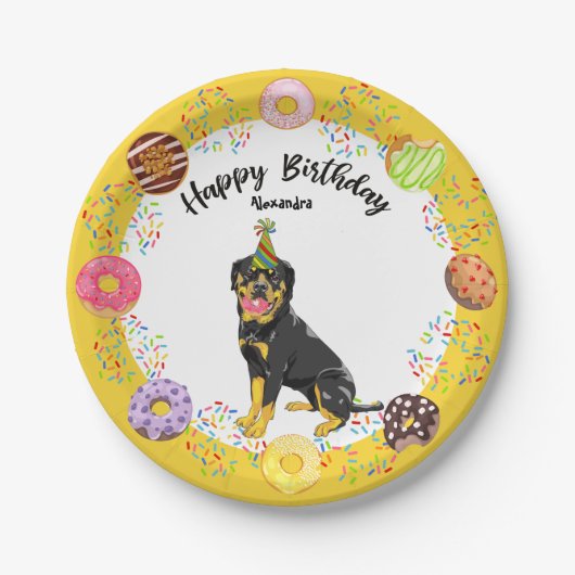 Funny Rottweiler Dog Donuts Birthday Party Papieren Bordje (Voorkant)