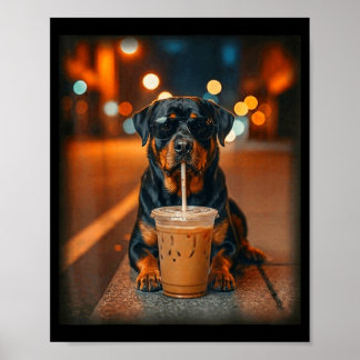 Funny rottweiler drinking iced coffee lover dog poster
