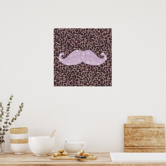 Funny Roze Bling Mustache en Animal Print Pattern (Keuken)