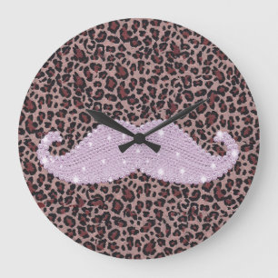 Funny Roze Bling Mustache en Animal Print Pattern Grote Klok