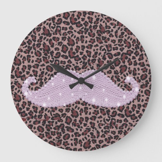 Funny Roze Bling Mustache en Animal Print Pattern Grote Klok (Voorkant)