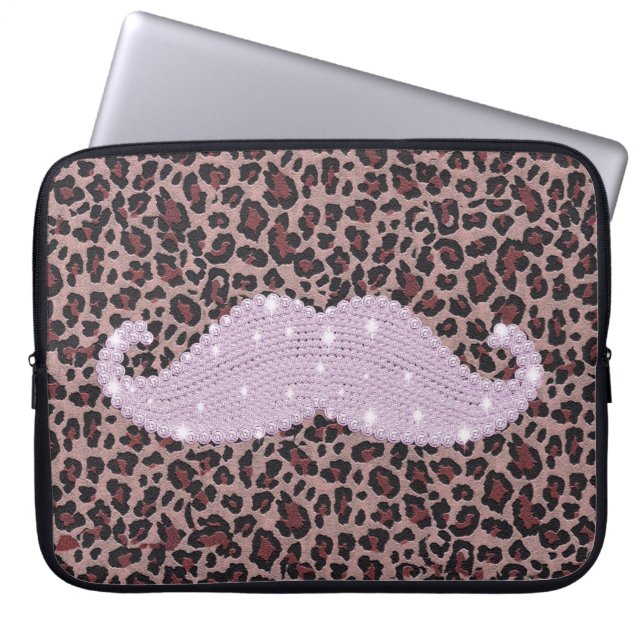 Funny Roze Bling Mustache en Animal Print Pattern Laptop Sleeve (Voorkant)