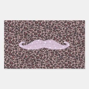 Funny Roze Bling Mustache en Animal Print Pattern Rechthoekige Sticker