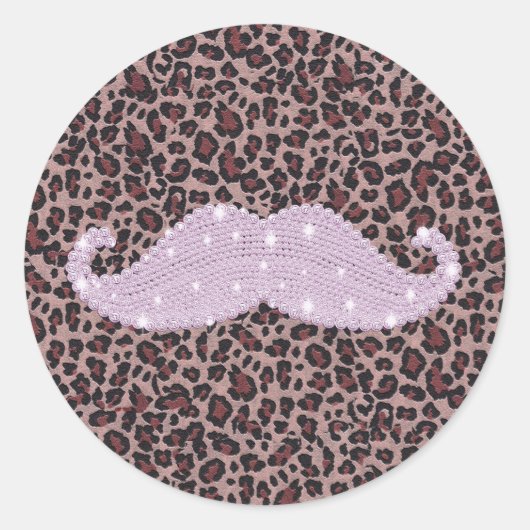 Funny Roze Bling Mustache en Animal Print Pattern Ronde Sticker (Voorkant)