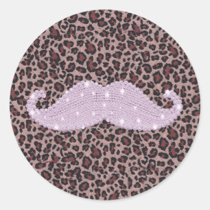 Funny Roze Bling Mustache en Animal Print Pattern Ronde Sticker