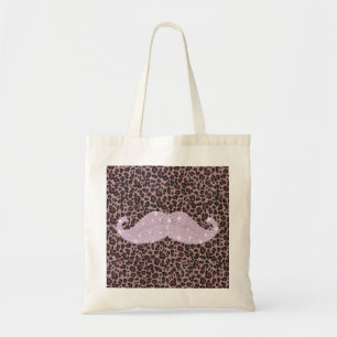 Funny Roze Bling Mustache en Animal Print Pattern Tote Bag