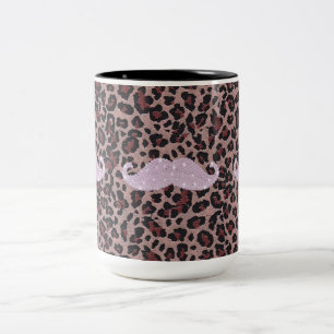 Funny Roze Bling Mustache en Animal Print Pattern Tweekleurige Koffiemok