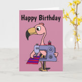 Funny Roze Flamingo met naaimachine Kaart (Gele Bloem)