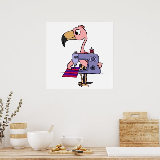 Funny Roze Flamingo met naaimachine Poster (Keuken)