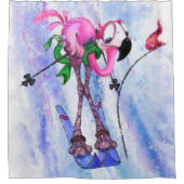 Funny Roze Flamingo Skier - Cartoon Drawing Comic Douchegordijn (Voorkant)